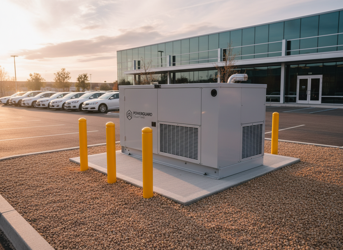 A medium-sized commercial generator set positioned on a concrete pad beside a modern low-rise office building, its housing painted in smooth light gray with subtle branding and ventilation grilles sharply rendered. The environment includes a neat gravel surround, safety bollards, and a distant view of parked fleet vehicles out of focus. Late afternoon natural light bathes the scene in a gentle, warm tone, creating soft shadows along the generator casing and subtle reflections on metal surfaces. Photographic realism with a slightly elevated, wide-angle composition captures both the generator and its context as critical backup infrastructure. The mood is stable and dependable, communicating the importance of professionally maintained generator systems for business continuity.