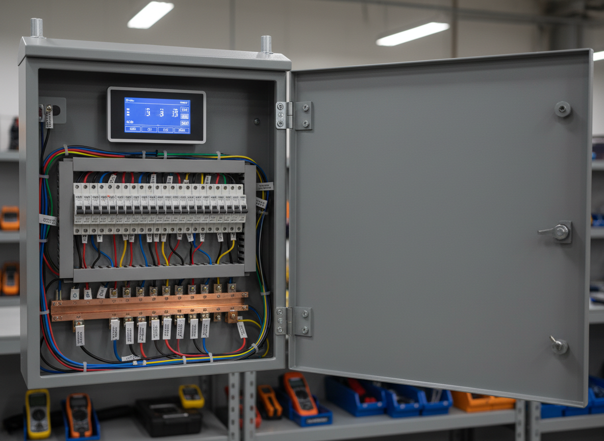 A close-up, photographic view of an open generator control panel with a modern digital display glowing a soft blue, surrounded by neatly routed color-coded wires and precisely labeled breakers. The panel door is swung wide on its sturdy hinges, revealing clean terminals and polished metal bus bars inside a matte gray steel enclosure. The setting is a tidy service bay with blurred shelves of diagnostic tools in the background. Neutral overhead lighting creates clear, shadow-free visibility, emphasizing technical precision. Shot at a slightly elevated angle with shallow depth of field to keep the panel in crisp focus while softly blurring the surroundings, the image feels highly professional, technical, and reassuring for commercial clients seeking expert generator diagnostics and repair.